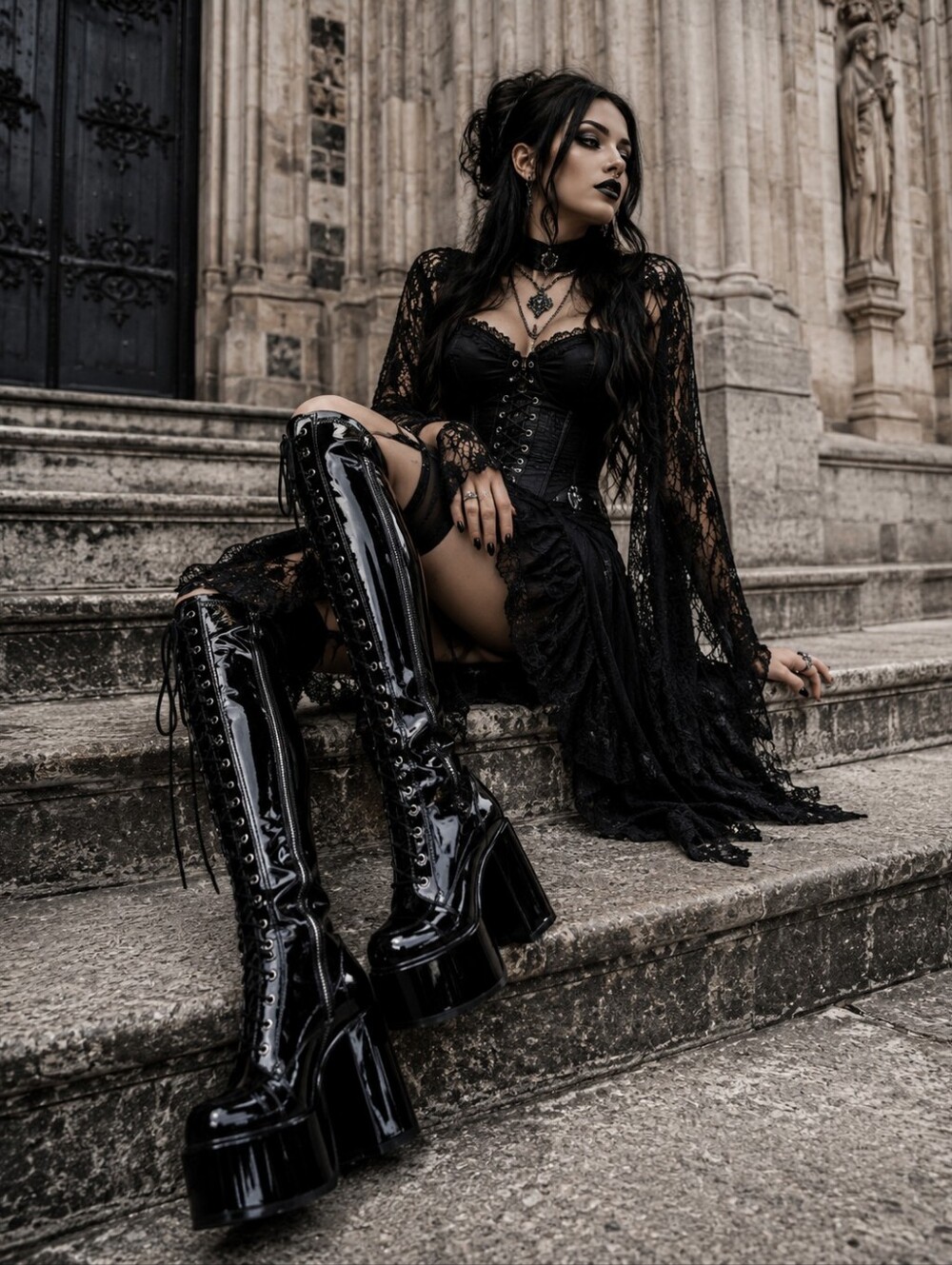 Demonia Camel 300wc High-Shine Black Patent Platform Knee-High Boots
